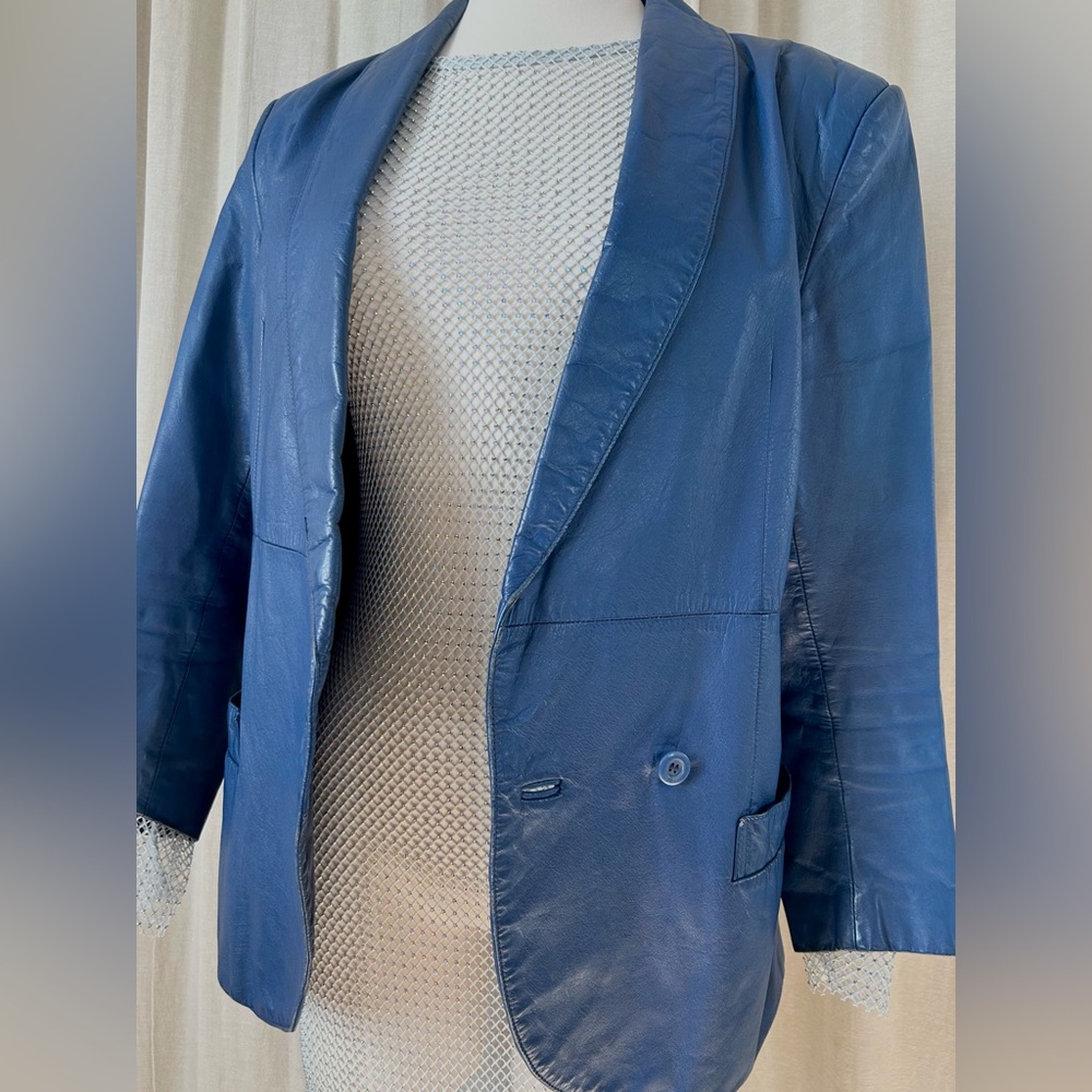 Vintage Blue Leather Blazer 90s Western-Inspired Fitted Jacket